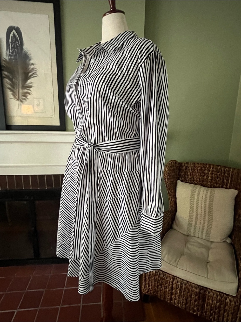 Lane Bryant Black & White Striped Shirt Midi Dress with Waist Tie - Picture 2 of 9